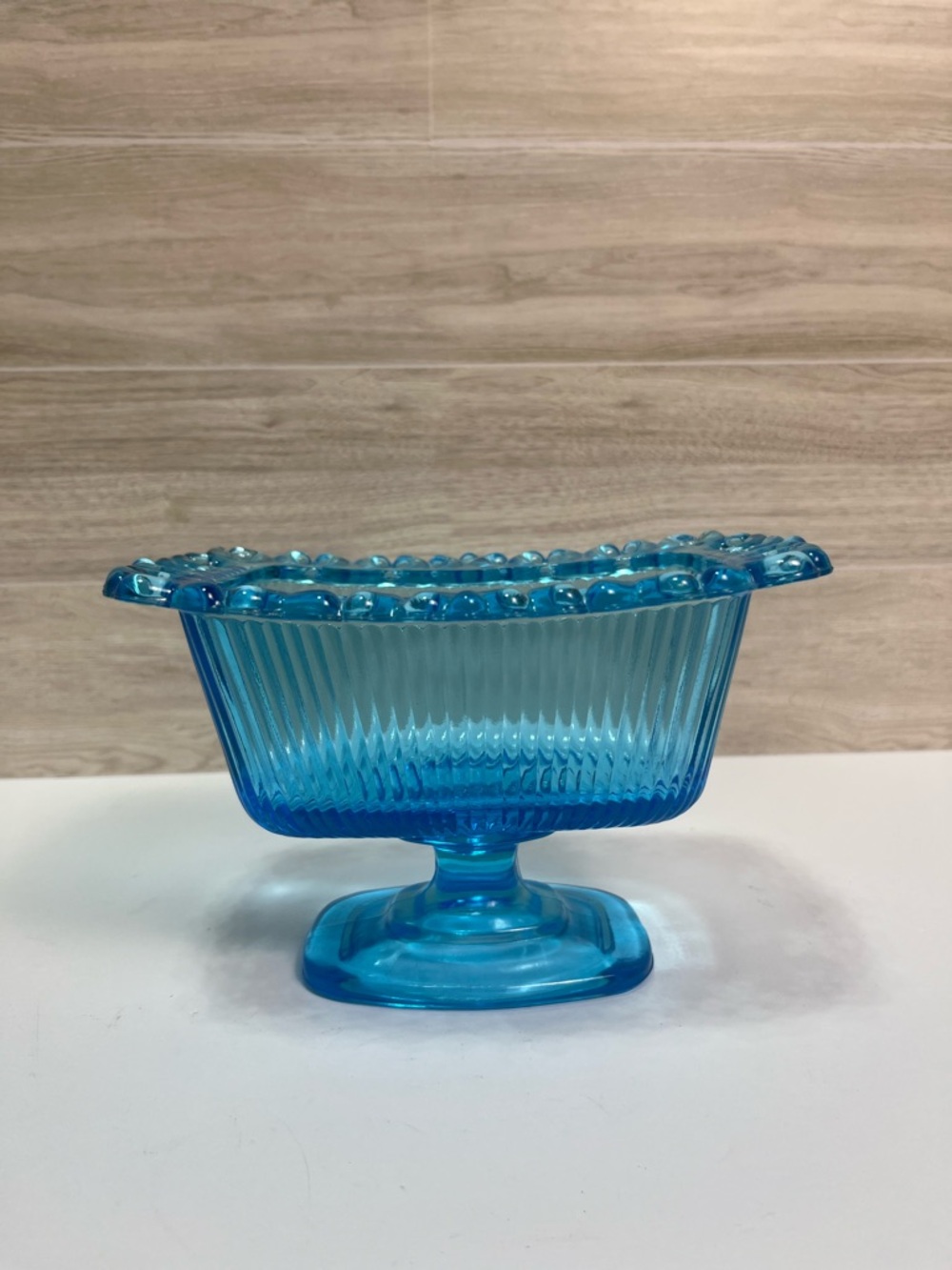 Vintage Indiana 1950's Aqua Blue Glass Pedestal Candy Dish w/ Lace Edge